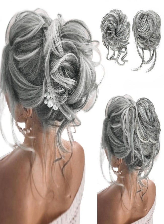 SARLA 2PCS Grey Messy Bun Hair Pieces for Women Wavy Curly Synthetic Hairpieces for Updos with Tendrils Fake Scrunchies Ponytail Extension Dark Grey - Image 1
